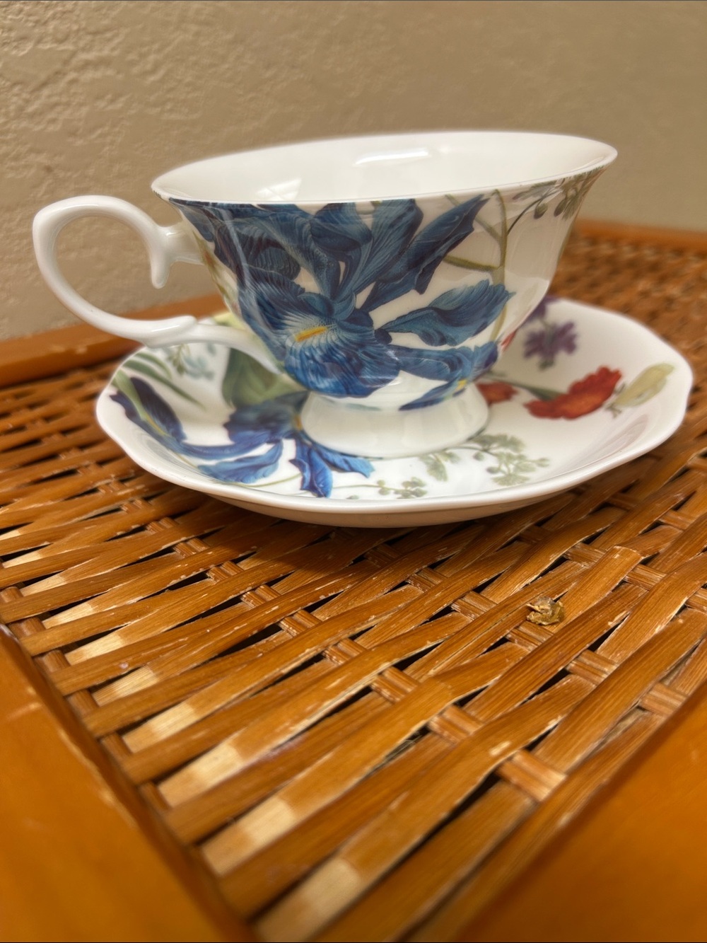 Blue Floral Bone China Teacup with Matching Saucer